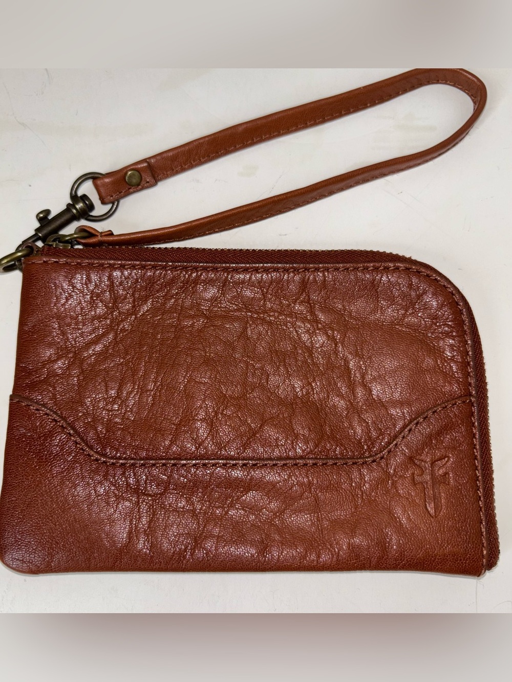 Frye Leather Card Wristlet MELISSA Zip Around Wallet Organizer Purse Cognac